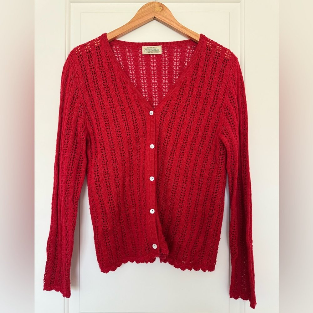 St. John's Bay Red V-Neck Eyelet Knit Cardigan Sweater Vintage Aesthetic Large